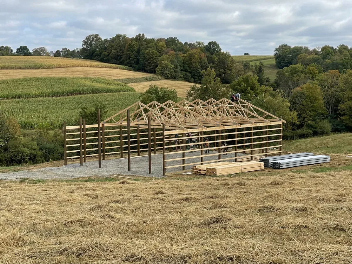 A post-frame barndominium frame going up on a hillside farm, with wood trusses and purlins being set by a small crew seen from a distance.