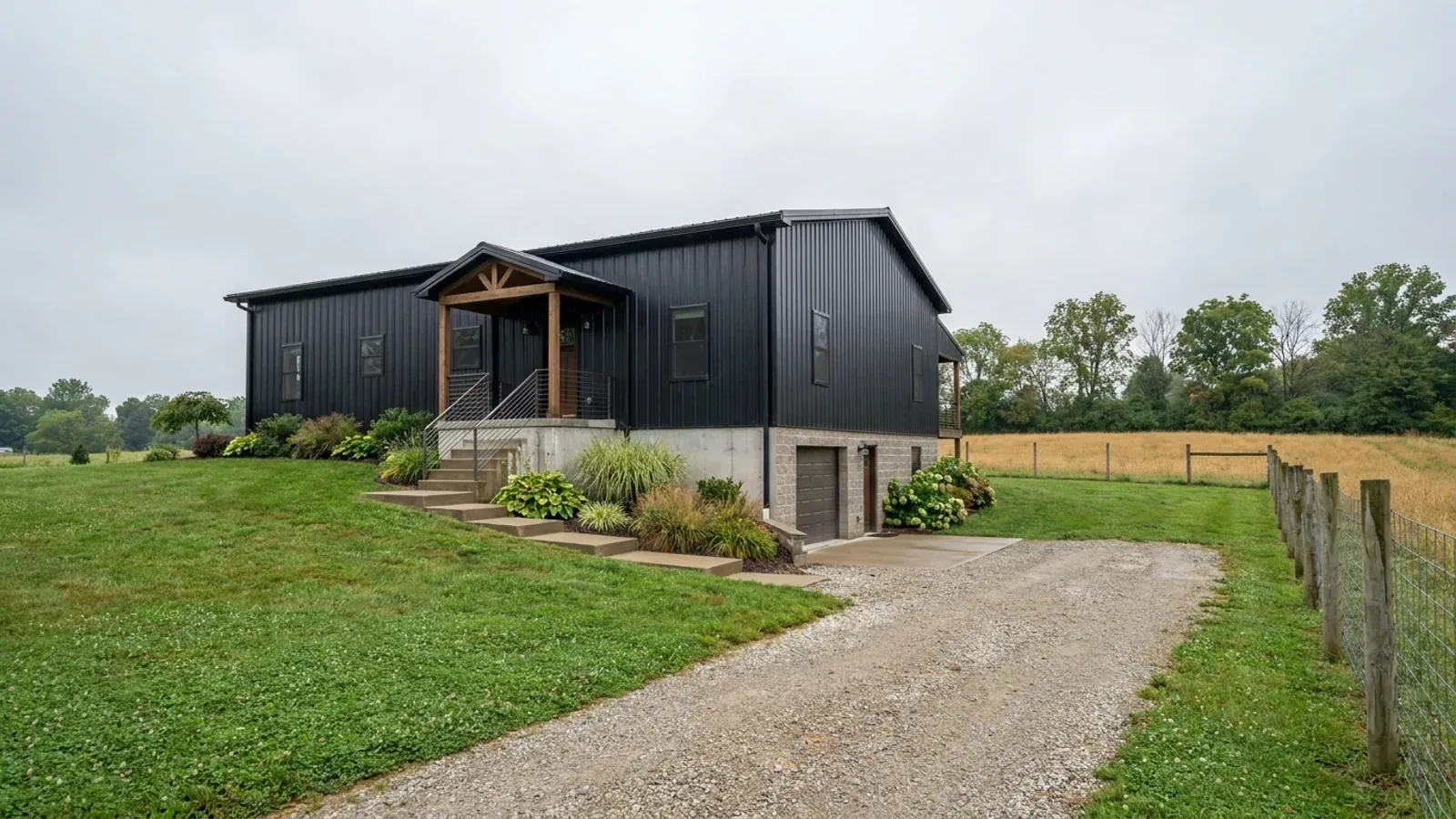 A barndominium raised on a stem-wall foundation with steps up to the entry and enclosed storage space beneath the elevated floor.