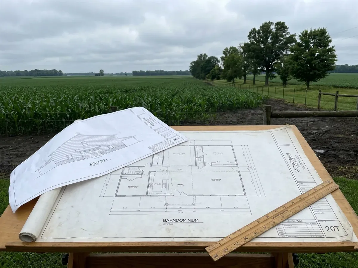 Barndominium floor plan and elevation drawings laid out on a drafting table with a scale rule.
