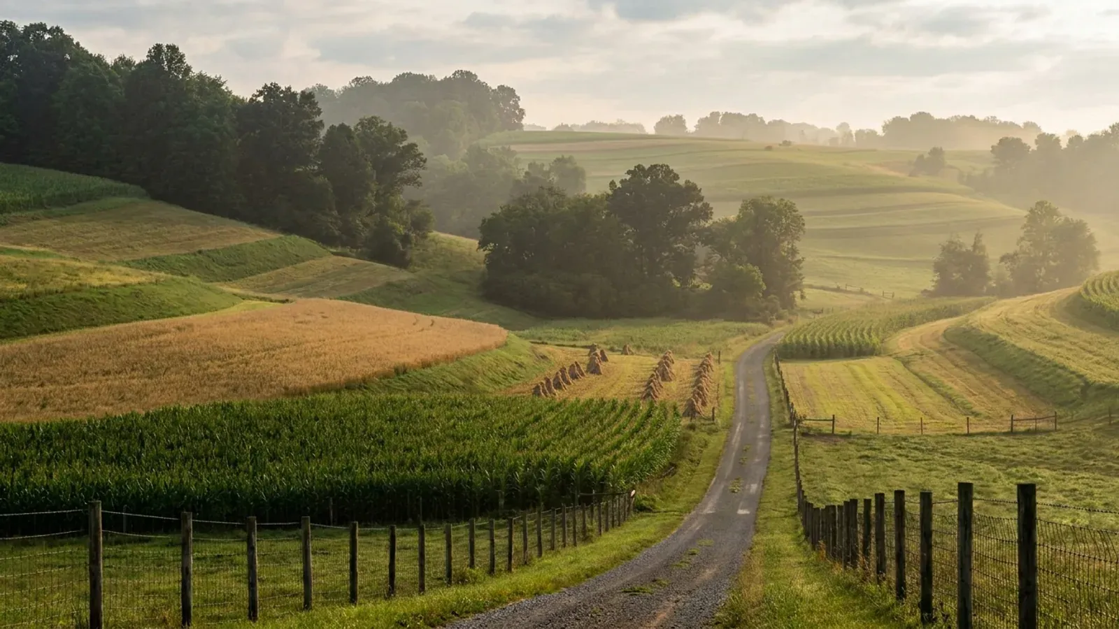Closely rolling Holmes County hills cultivated in contour strips of corn, oats and hay, with hardwood woodlots in the hollows.