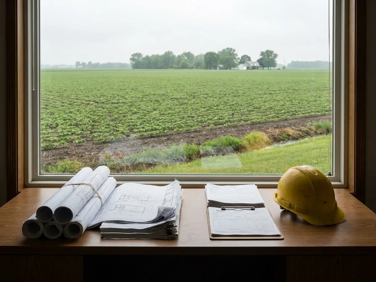 A building permit submittal package on a desk with rolled construction drawings, forms on a clipboard, and a hard hat.