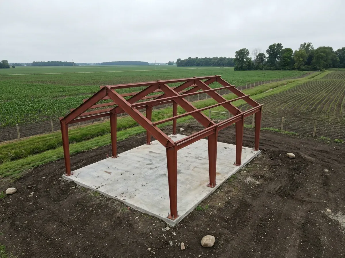 A red oxide primed structural steel frame partly erected on a concrete slab, showing bolted knee joints and anchor bolts.