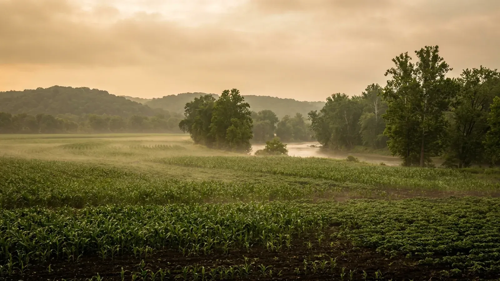 A broad flat Scioto River bottom in corn and soybean, with sycamores along the river and low wooded hills rising along the valley sides.