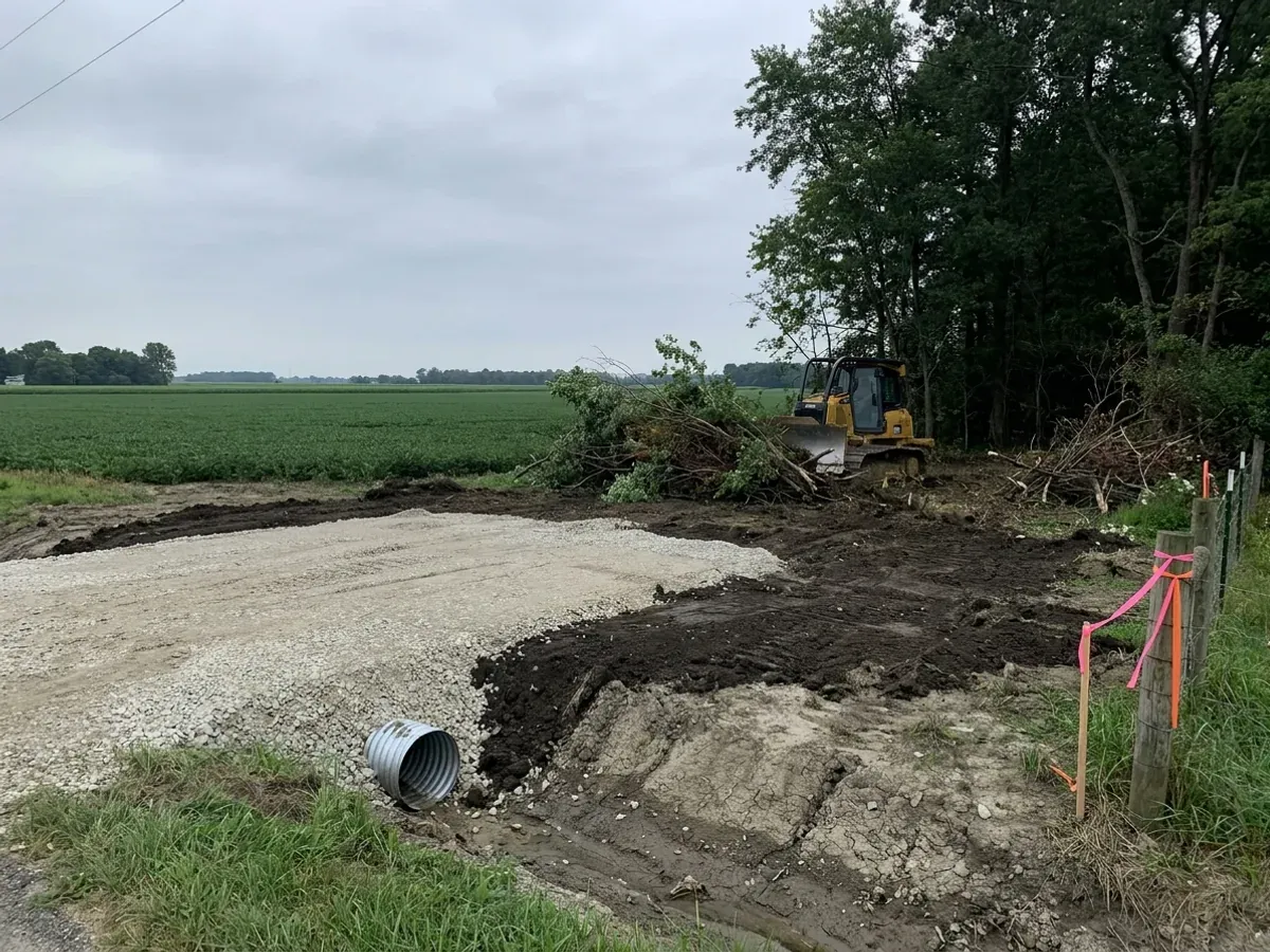 A dozer clearing brush on a rural parcel beside a compacted crushed-stone building pad, with grey-brown subsoil exposed and a culvert set at the driveway entrance.