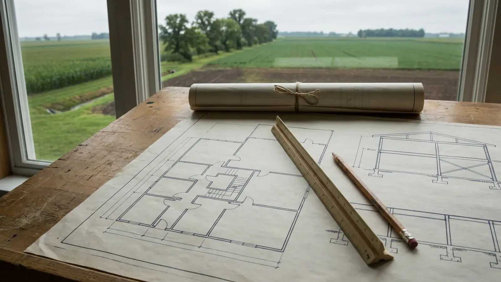 Overhead view of architectural floor plan and structural elevation drawings spread on a workbench with a scale ruler and pencil.